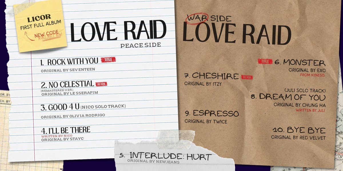 LICOR_OFC's tweet photo. LICOR (라이코르) ❤️‍🔥🗺️
1st Album Love Raid

Tracklist reveal

MONSTER 💿 23.08.2023 
6PM (BRT) / 5PM (ET)
#LICOR #라이코르 #LOVERAID #JULI #NICO @ARION_ent https://t.co/ylwhl4MMyl