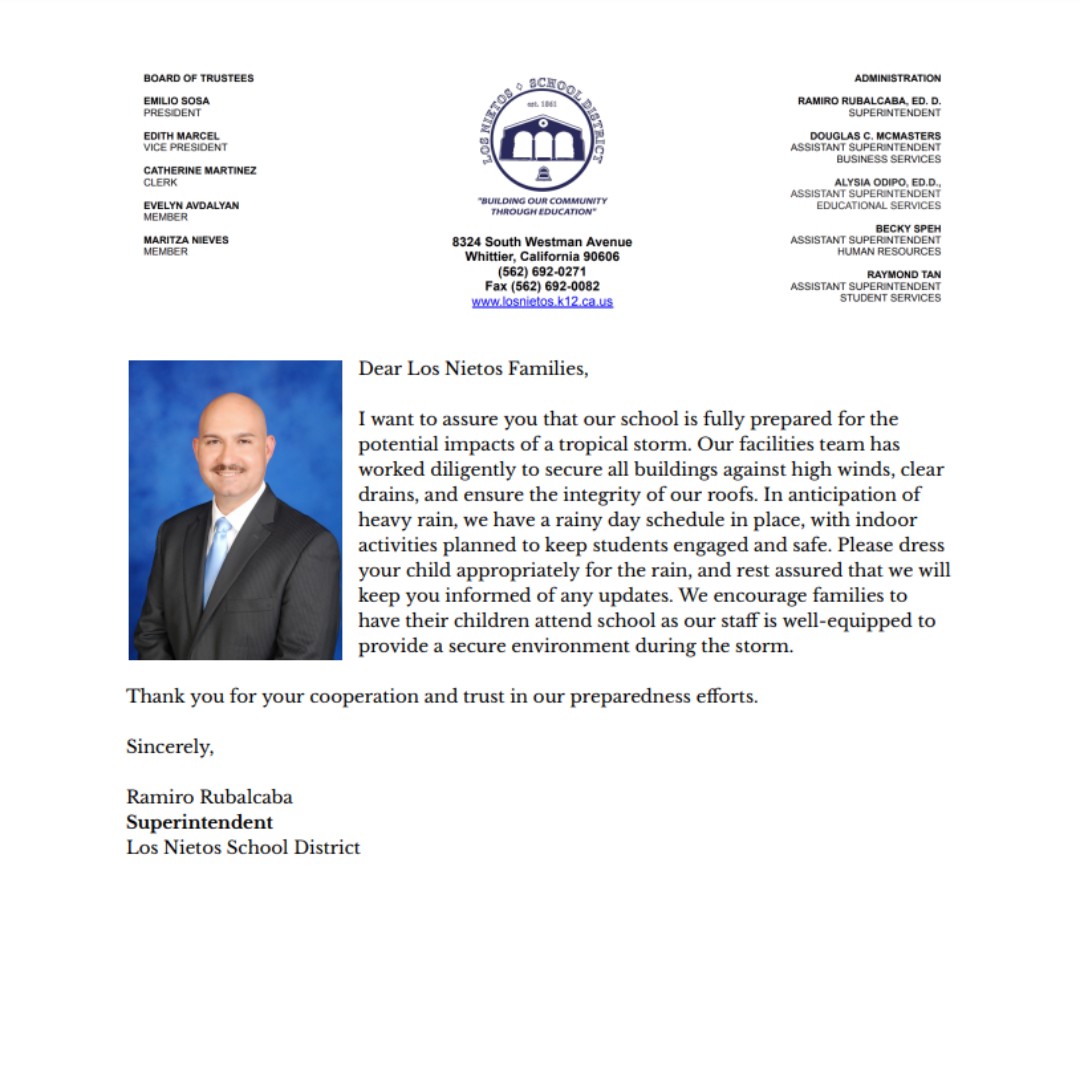 RanchoSG_ES's tweet photo. 🌧️ Safety First Announcement 🌧️

We want to keep you informed and reassured! Our school is fully ready to handle any potential impacts from the tropical storm. Please read our message from the superintendent to learn more.

#RanchoSGES #SafetyFirst https://t.co/V3EONeoTj2