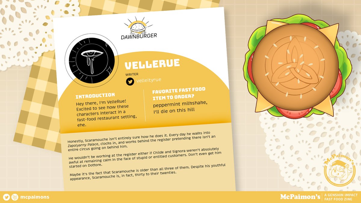 🍔 Contributor Spotlight 🍔

Please welcome <a href="/velleityrue/">VelleRue (give me GO S3 or give me death)</a>, one of our lovely writers! Velle's prose is top-notch--so immersive and beautifully detailed! We're so happy to have them in the zine~