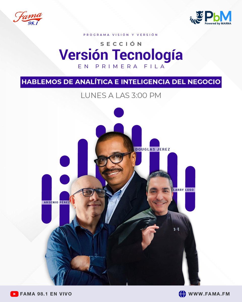 Red_PbM's tweet photo. ¡Sintonízanos el lunes 21/08 a las 3pm en Fama 98.1 FM para el programa #VisiónYVersión! Profundizaremos en la analítica y la inteligencia de negocios con el experto Larry Lugo. Conéctate a través de https://t.co/jwe8MclQEA, YouTube Fama 98.1 o WhatsApp al 04169070703. https://t.co/AdeoxrklHf
