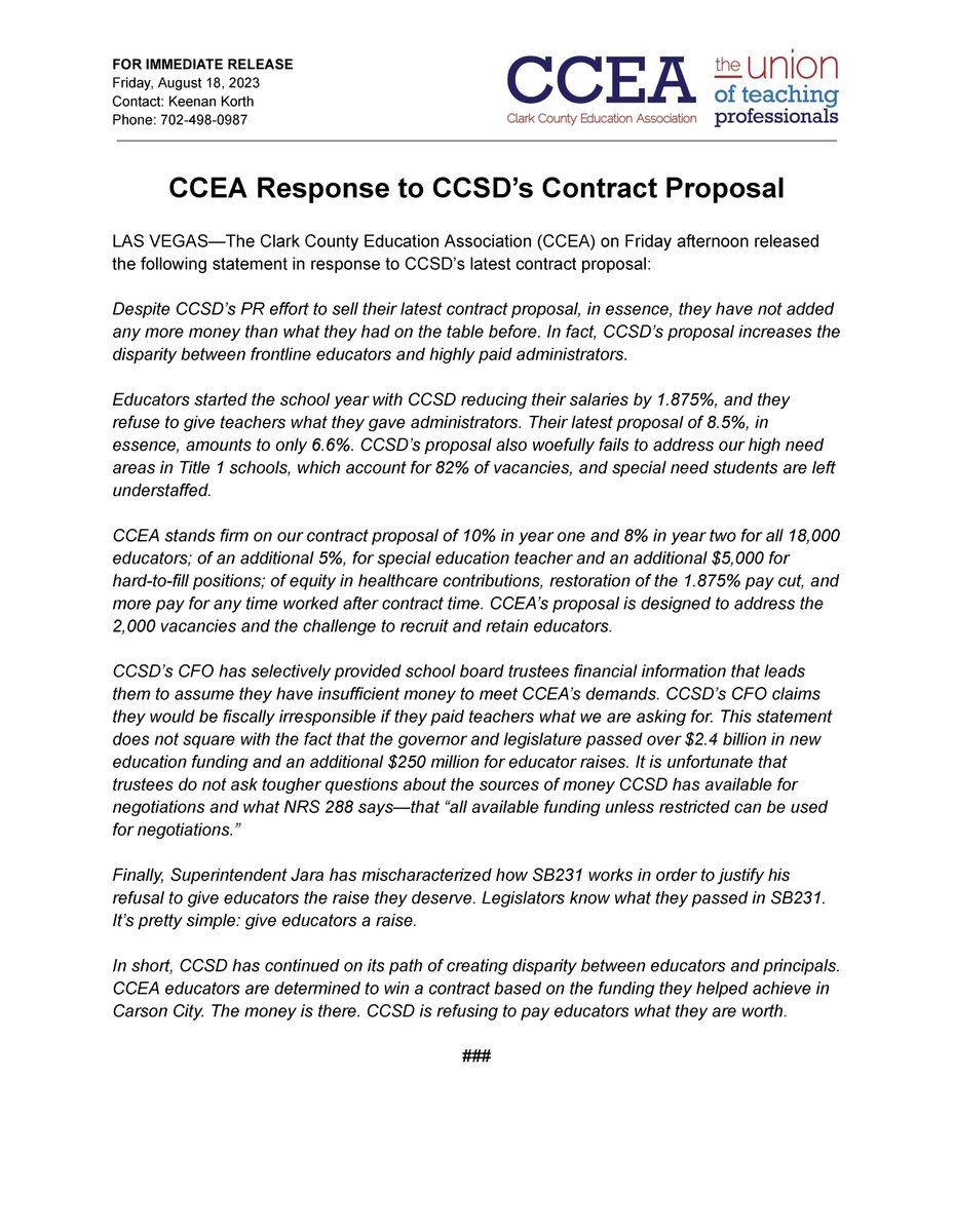 CCEA Response to CCSD's Contract Proposal