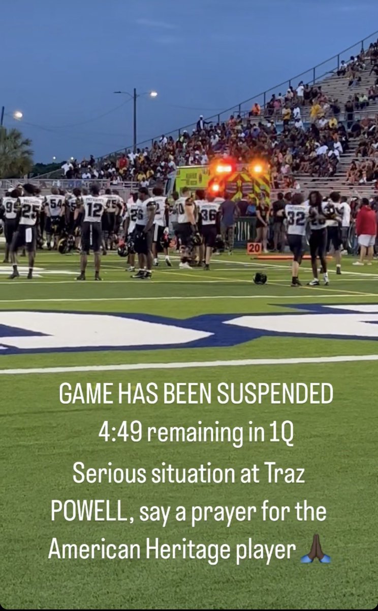 GAME SUSPENDED: The Week 0 KOC game between Miami Booker T Washington and visiting American Heritage has been suspended with 4:39 left in the 1Q. Say a prayer for American Heritage as a whole as soon as you can. 🙏🏿