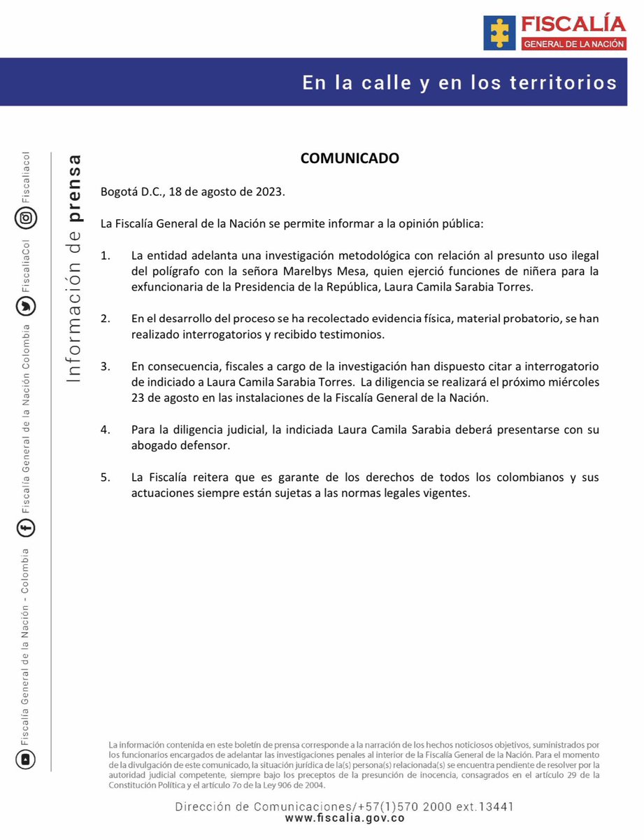 #ATENCIÓN | Comunicado oficial de la #Fiscalía General de la Nación.