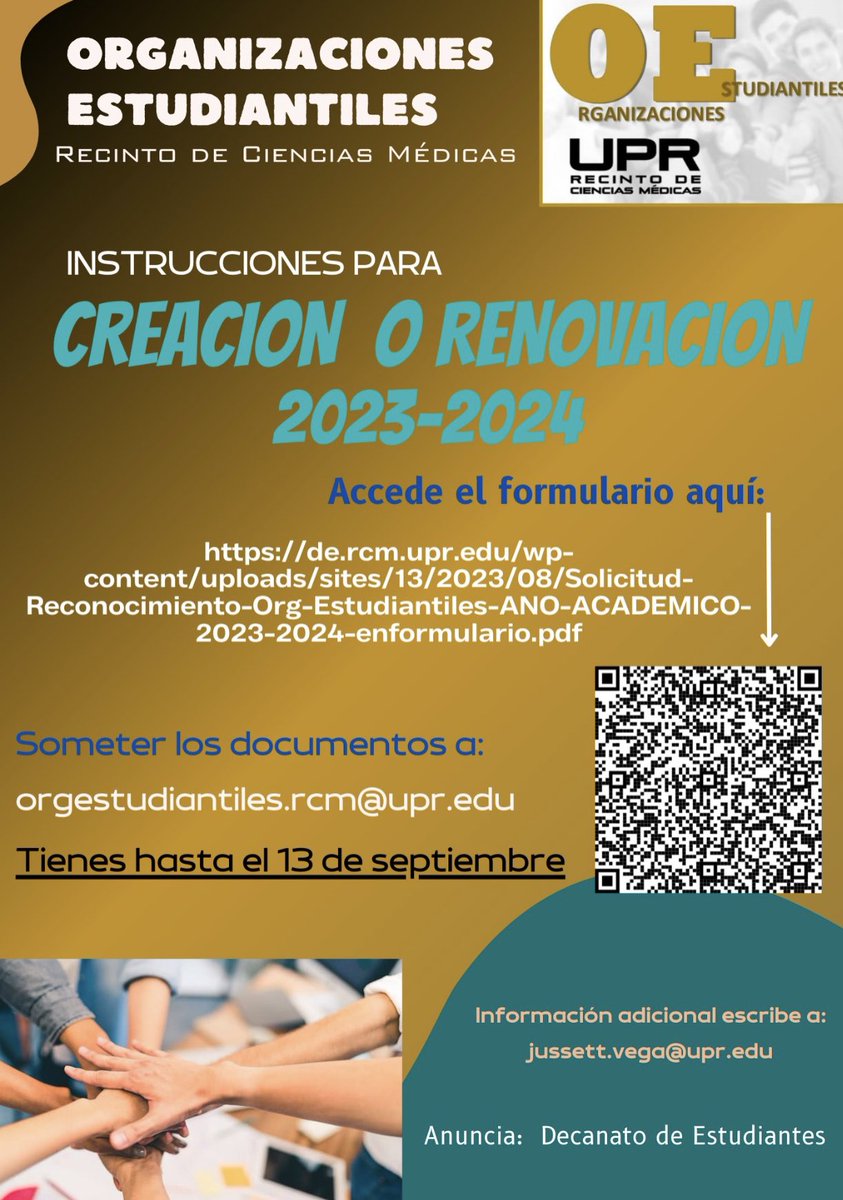 Si interesas crear o renovar una organización estudiantil, le incluímos las instrucciones y el formulario con las certificaciones de su mentor en formato PDF:

Accede el formulario AQUÍ👇

de.rcm.upr.edu/wp-content/upl…