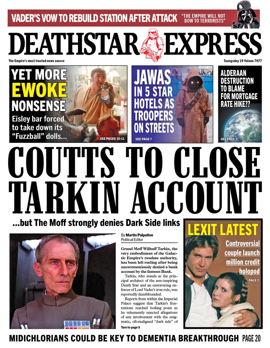christhebarker's tweet photo. DEATHSTAR EXPRESS: Coutts to close Tarkin account #TomorrowsPapersToday https://t.co/9ZHGWmJTnc