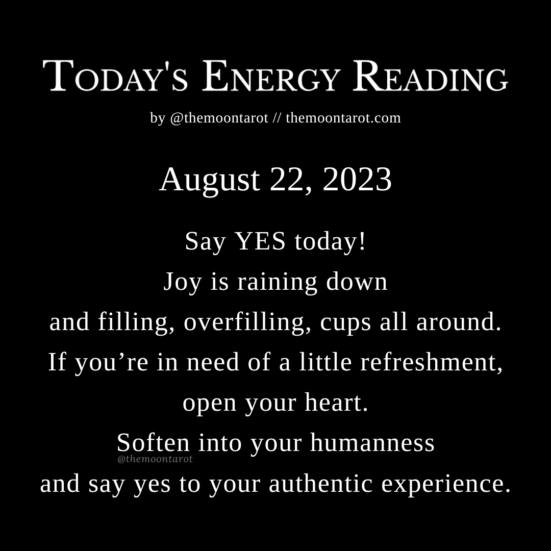 themoontarot_'s tweet photo. Today's Energy Reading: August 22, 2023

YES!

Yes I am open to more joy.
Yes I am open to more love.
Yes I am open to more peace.

Yes I am open to all that’s meant for me …and better! https://t.co/ORJN78ax2v