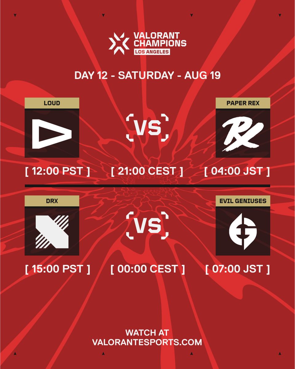 Set your alarms for the Day 12 matchups ⏰

#VALORANTChampions
