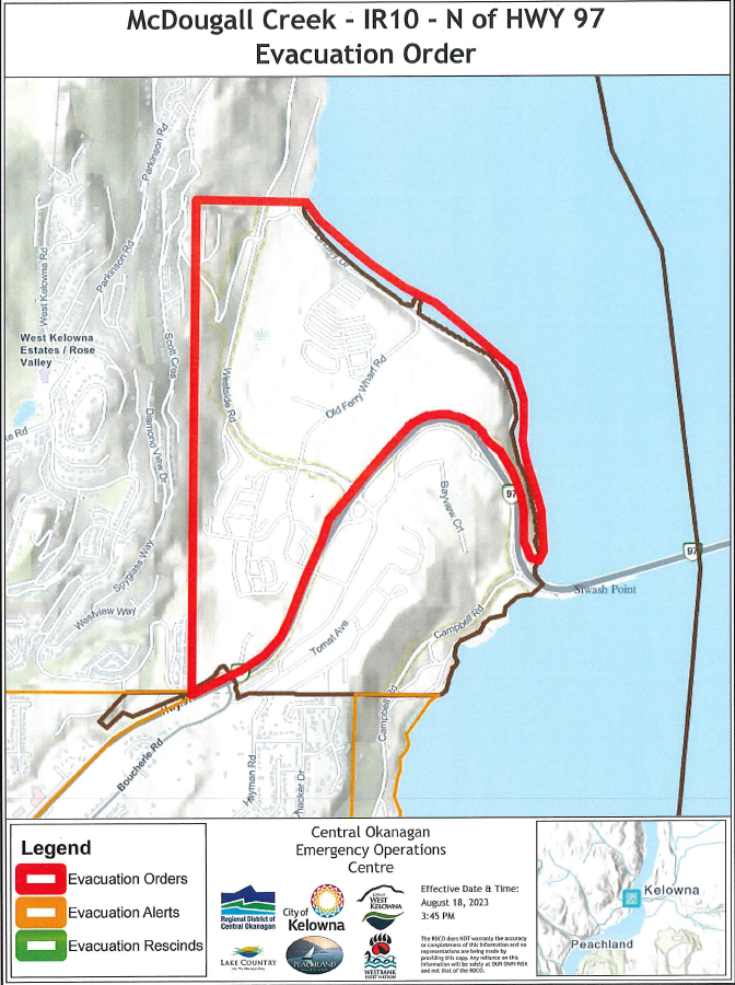 EmergencyInfoBC's tweet photo. #Evacuation Order issued for properties on Westbank First Nation IR #10. Impacted residents must leave the area immediately. More info &amp; map: https://t.co/96DrFdvYC3 #BCWildfire https://t.co/gOO5PawbO3