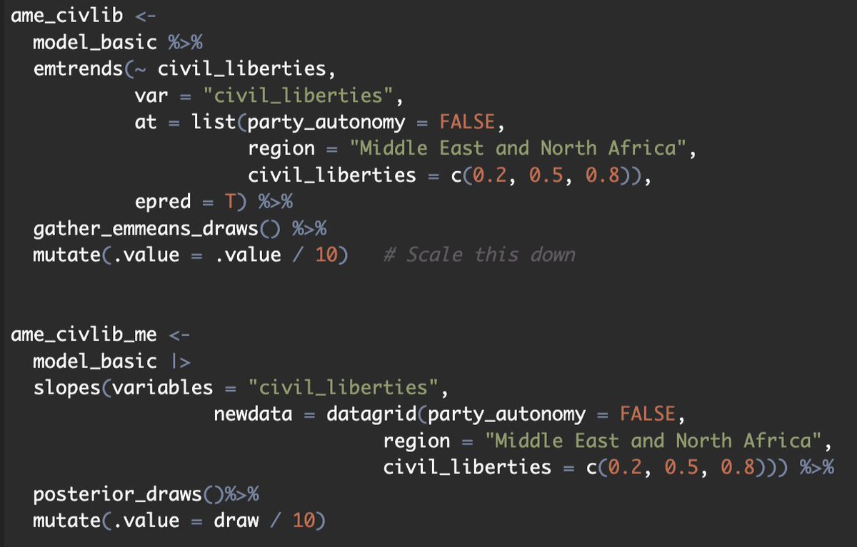 Omid_Ghasemi21's tweet image. Can someone please help me figure out why I can&apos;t get the same results with #emmeans as I did with #tidybayes and #marginaleffects? I&apos;ve been following @andrewheiss&apos; blog, but I&apos;m getting weird results with emmeans and emtrends. Am I missing sth? 🤔 
#rstats