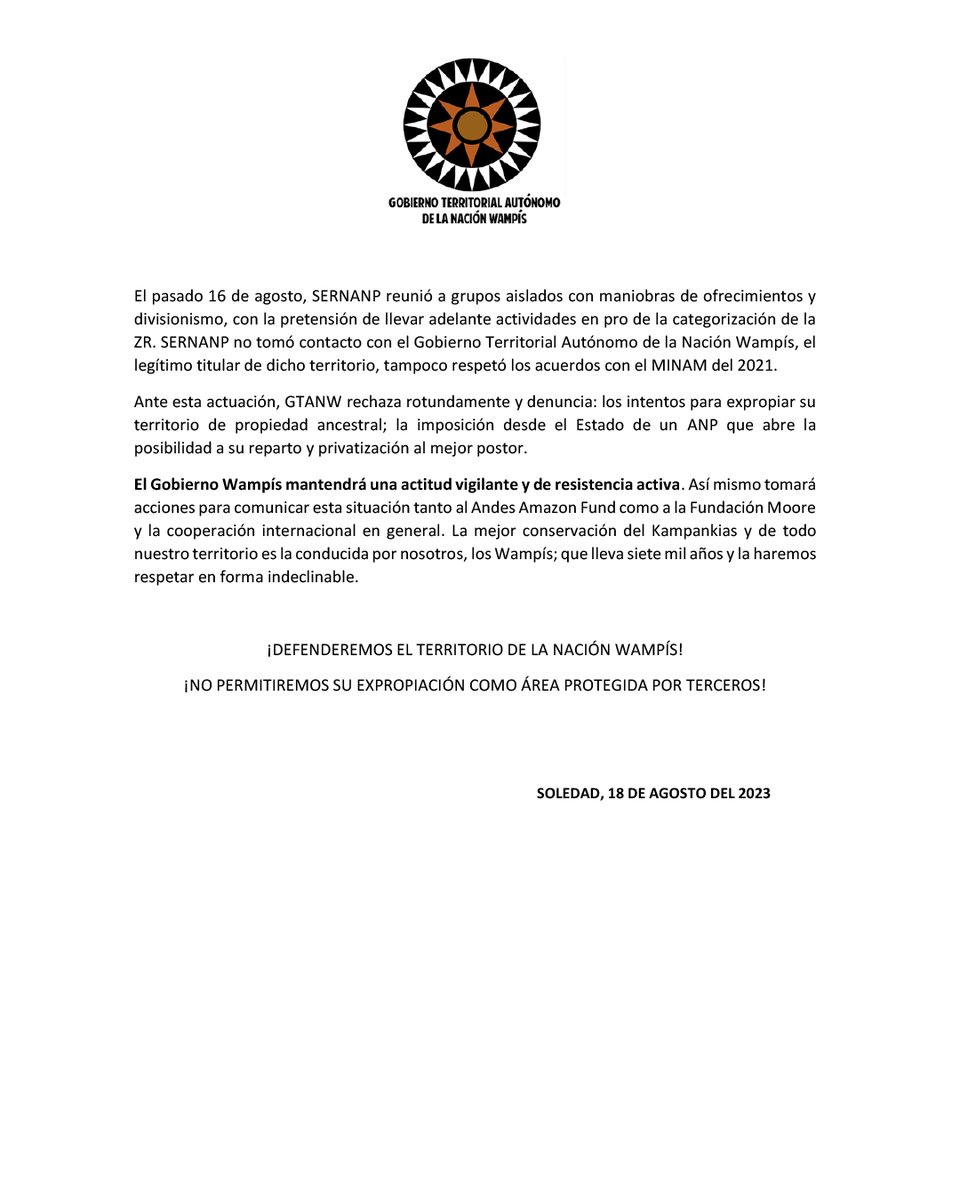 @NacionWampis rechaza nueva pretensión de categorizar la cordillera Kampankias. Pronunciamiento en: nacionwampis.com/pronunciamient…