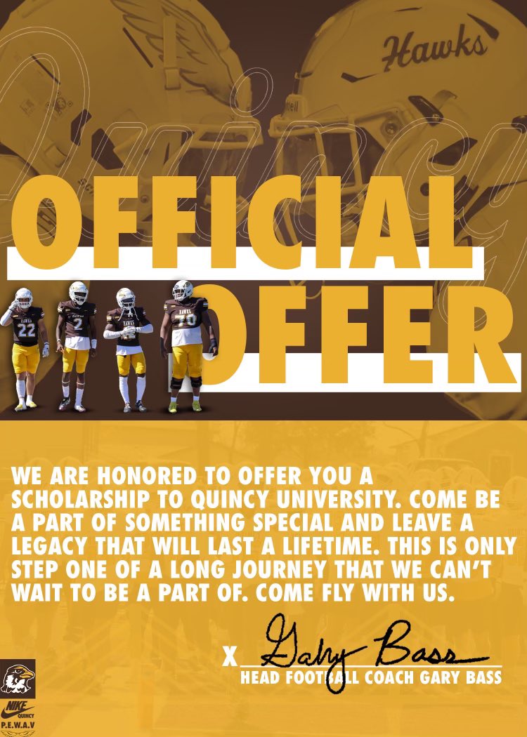 #AGTG After a great conversation with @CoachPannone I’m blessed to receive a D2 offer from Quincy University. @QUHawksFootball