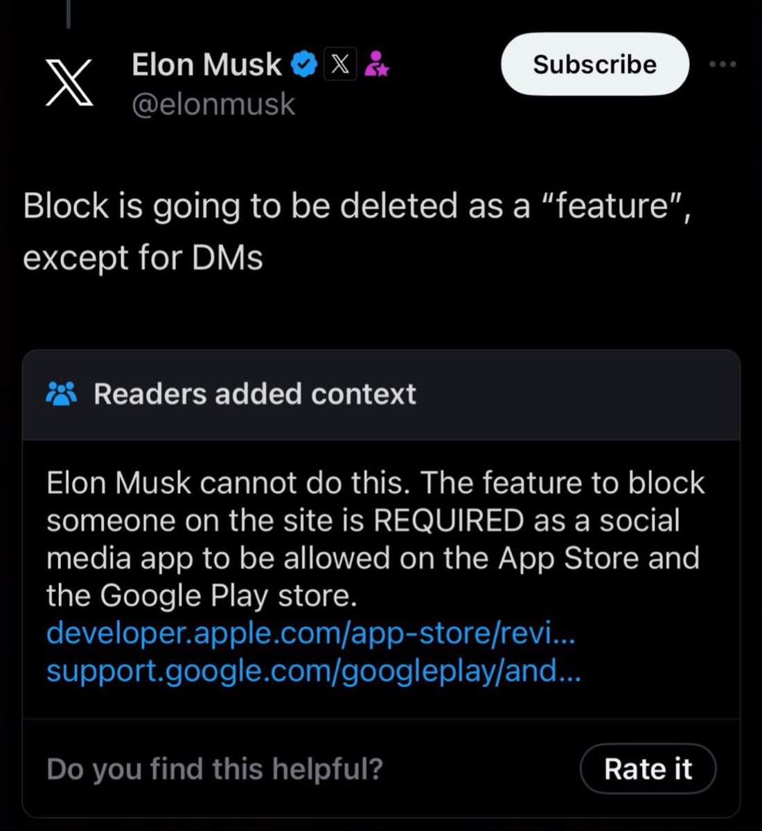poptime's tweet image. Elon Musk, o próprio dono do Twitter/X, foi corrigido por uma nota da comunidade ao dizer que vai remover a opção de bloquear pessoas da plataforma:

“Elon Musk não pode fazer isso, a função de bloquear alguém no aplicativo é OBRIGATÓRIA para uma rede social ser aprovada na Play…