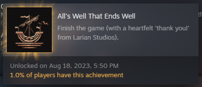PaulHWay's tweet photo. Done.
Excellent game.
Highly recommended.
Love it.
Go in blind.

Downers; "Choose your best friend" @ the end is WOEFULLY bad, all player agency gone. The Ending needed more Goodbyes for ALL the companions, not just a few.
And you cant seduce the Absolute. >:(

#bg3
#bg3spoilers https://t.co/4bi8UGRvu2