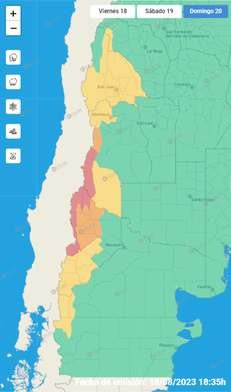 SMN_Argentina's tweet photo. ⚠ Precaución ⚠

🔴 Alerta de nivel ROJO por lluvias y nevadas para la cordillera de #Neuquén y del sur de #Mendoza

❄ En la cordillera mendocina se espera entre 1,80 y 2,50 m de nieve, mientras que en Neuquén alcanzará entre 1 y 1,80 m. 

https://t.co/GRjfngFWuF https://t.co/f0RWB3I8sy