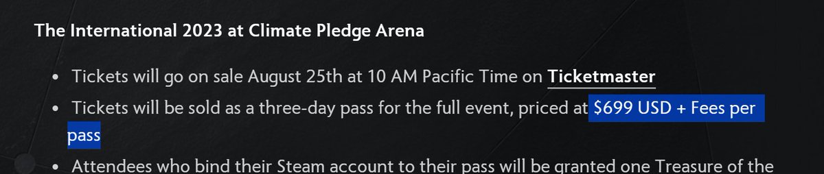 Noxville's tweet image. Holy moly. With fees closer to $750?

For reference:

Last year was $361 for 2 days (so ~$541.5 for 3 days). 
TI9 was ~$300 (~$450 / 3 days)
TI8 was ~$184 (~$276 / 3 days)
TI7 was ~$200 (~$300 / 3 days)
TI6 was ~$100 (~$150 / 3 days).

I think TI5 was $100 for all 6 days.