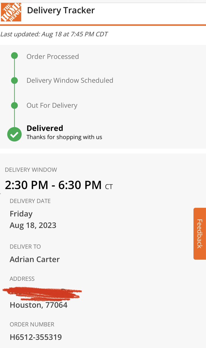 newnegro76's tweet photo. So @homedepot contracts incompetent companies to deliver their customers appliances. 

1) According to the delivery tracker the window for delivery was from 2:30 PM - 6:30 PM CT. The incompetent company arrived at 12 noon without providing at courtesy call 30 minutes prior. https://t.co/qi7IpDhM8O