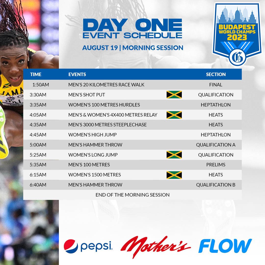 JamaicaGleaner's tweet photo. #BudaQuest: The 2023 World Athletics Championships is set to kick off this Saturday in Budapest, Hungary. Here are the events scheduled for the opening day. #GLNRSports https://t.co/EPoRxh7C3r
