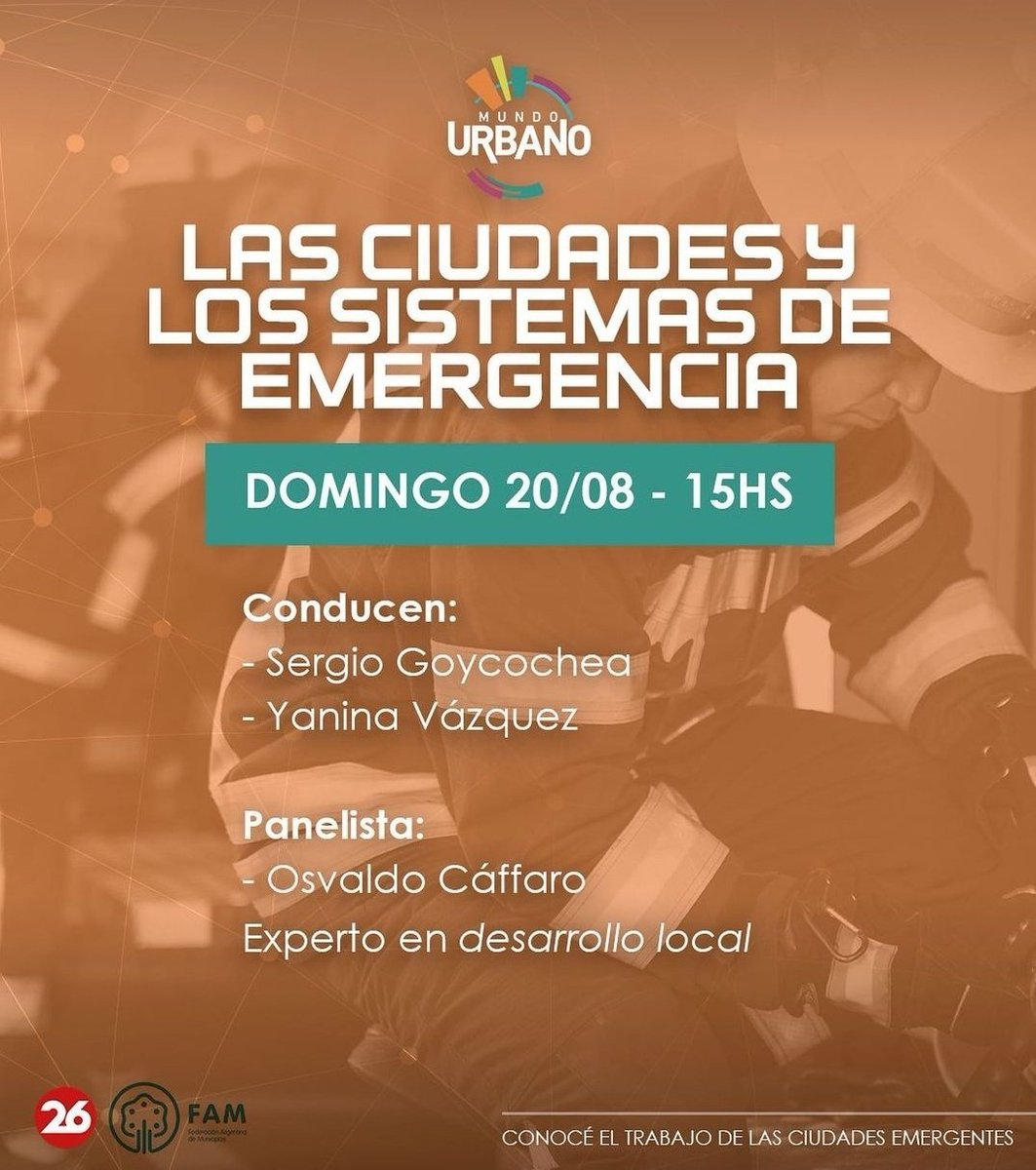 CaffaroOsvaldoR's tweet photo. 📺 Este Domingo 20 a las 15 hs.
#MundoUrbano por @canal26noticias.
• Único programa de televisión que expone el trabajo de ciudades emergentes.
El #tema de este Domingo : Las Ciudades y Los Sistemas de Emergencia. https://t.co/l2jdPkSuH3