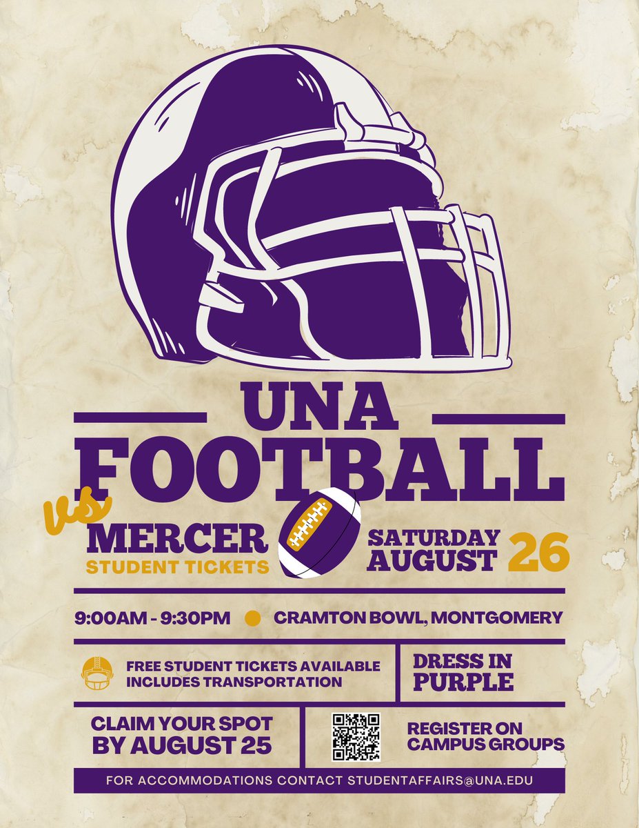 🚨CALLING ALL UNA STUDENTS!🚨 Here’s your opportunity to attend next Saturday’s FCS Kickoff game against Mercer! Free ticket, transportation AND football??? CLICK THE LINK TO SIGN UP TODAY! 🏈🎟️🔗: ow.ly/M3QR50PB2Ul #RoarLions!🦁