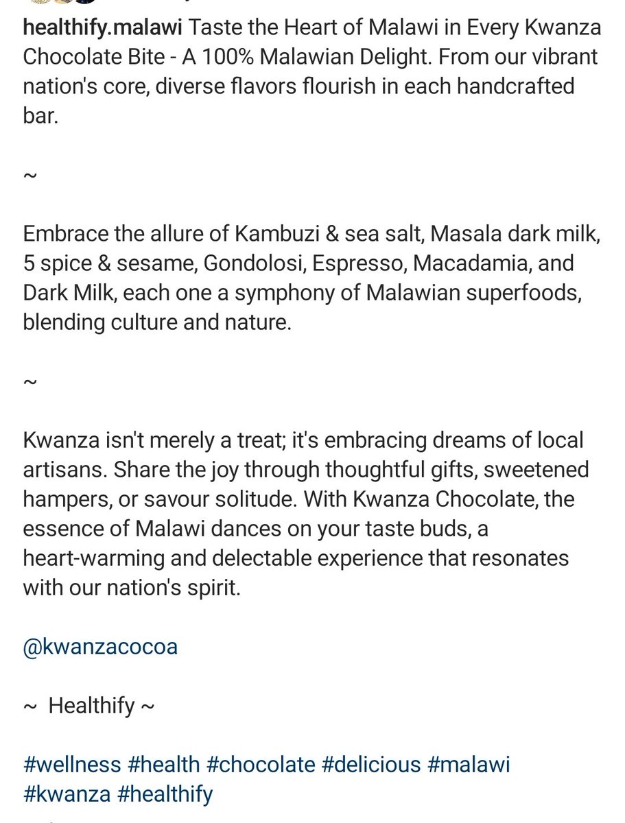misswezwez's tweet photo. This description of our @KwanzaCocoa chocolate bars just made me cry. 

Thank you #Healthify 💯🇲🇼🌳🍫 https://t.co/5rCtG00b84