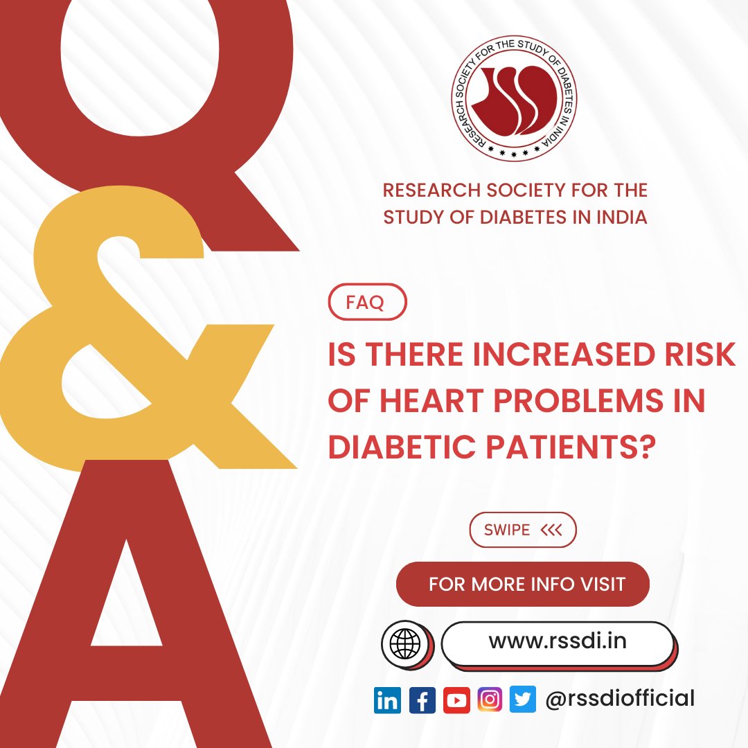 Rssdi_official's tweet photo. Today, we address the question: Is there an increased risk of heart problems in diabetic patients? Check out the infographic for valuable insights. Knowledge is key to better health! ๐๐ซ
#RSSDI #DiabetesFAQ #HealthAwareness #cardiovascularhealth #cardiovascular https://t.co/acJtdiU7HH