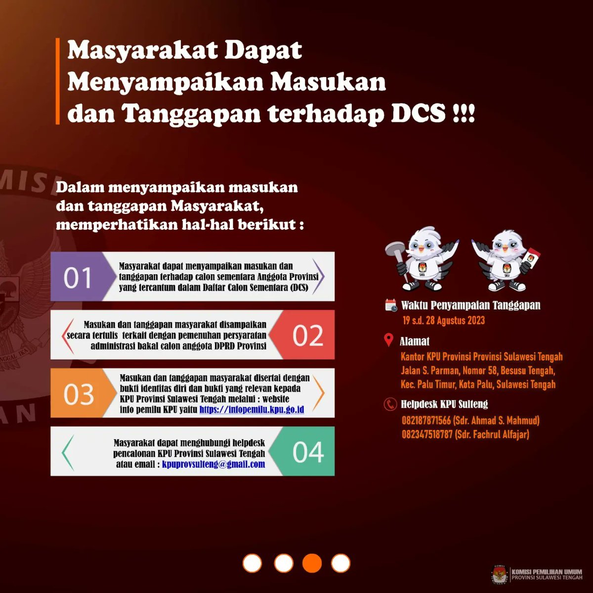 KpuSulteng's tweet photo. #TemanPemilih, KPU Provinsi Sulawesi Tengah mengumumkan Daftar Calon Sementara (DCS) Anggota DPRD Provinsi Sulawesi Tengah dan persentase keterwakilan perempuan dalam Daftar Calon Sementara (DCS).

#KPUMelayani
#PemiluSerentak2024 https://t.co/BcMYALyAwb