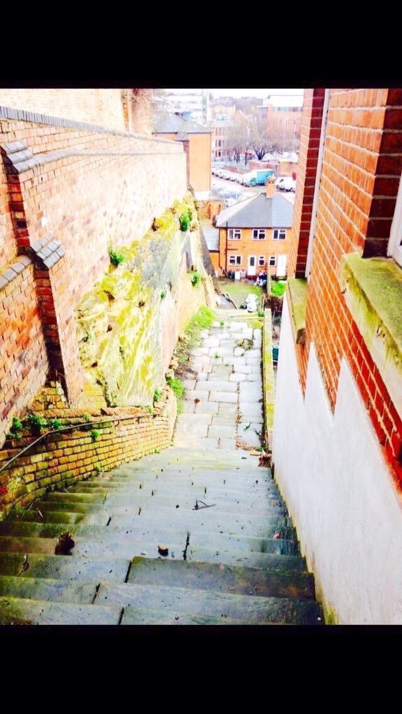 Long Stairs at Kings Court, Commerce Square. One of the routes from High Pavement to Narrow Marsh. The stairs were closed in 1933 when the last houses were cleared from Narrow Marsh. A team of volunteers has since given it a makeover #Notts #Nottingham