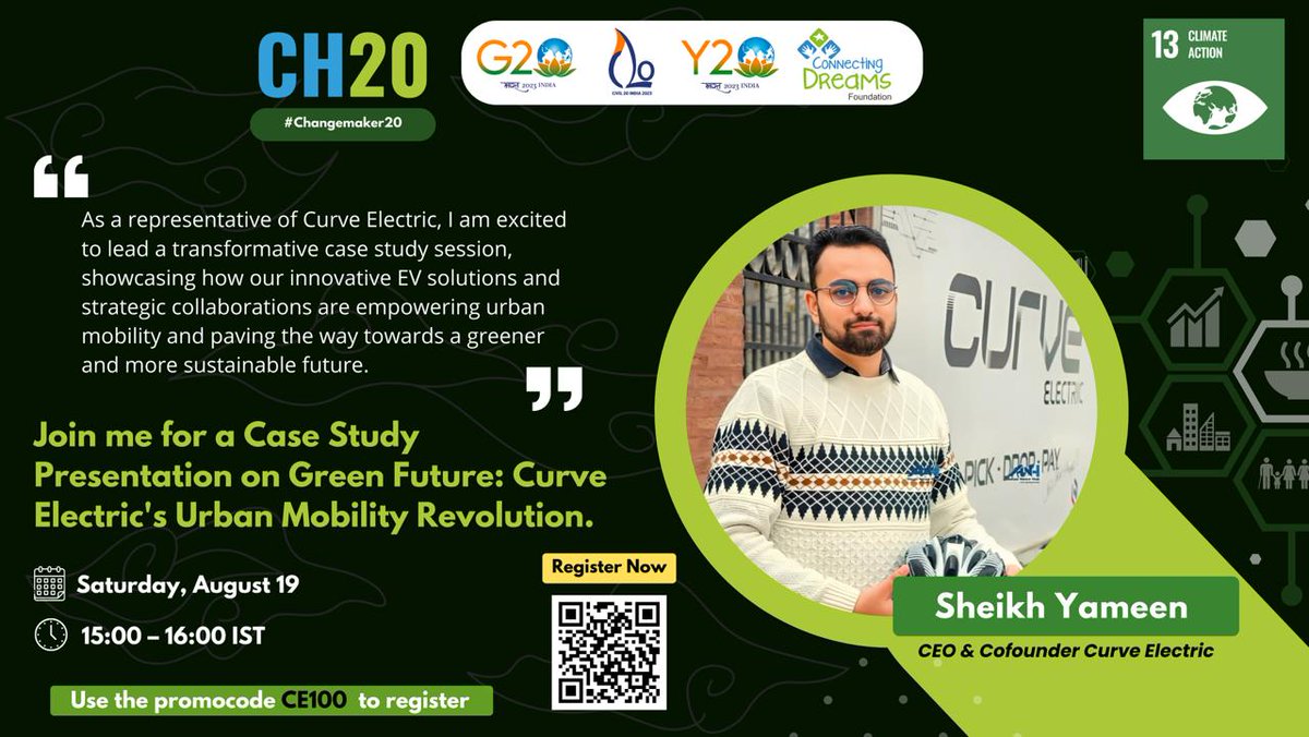 Honoured to be part of #changemaker20 . Please join me today at 3:00 pm IST as I talk about how Curve Electric is changing the landscape of urban mobility. Use Promo code CE100 to register. 

@Changemaker_20 @CDF_India @amittuteja3 @SuhailKmr