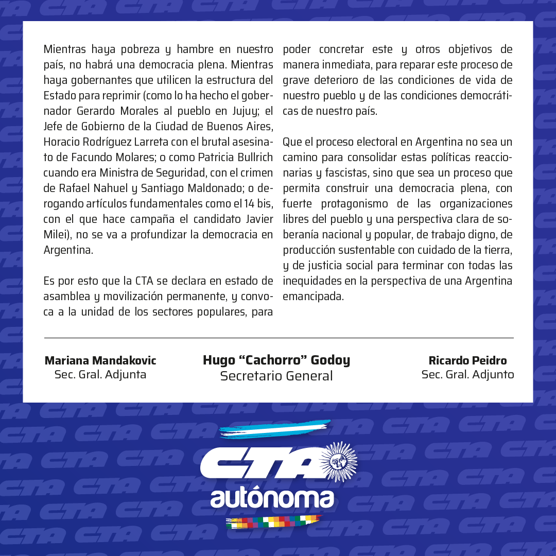 📄 Luego de las elecciones primarias nuestra central se declara en estado de movilización y asamblea permanente. 

Donde hay una necesidad, hay un derecho.