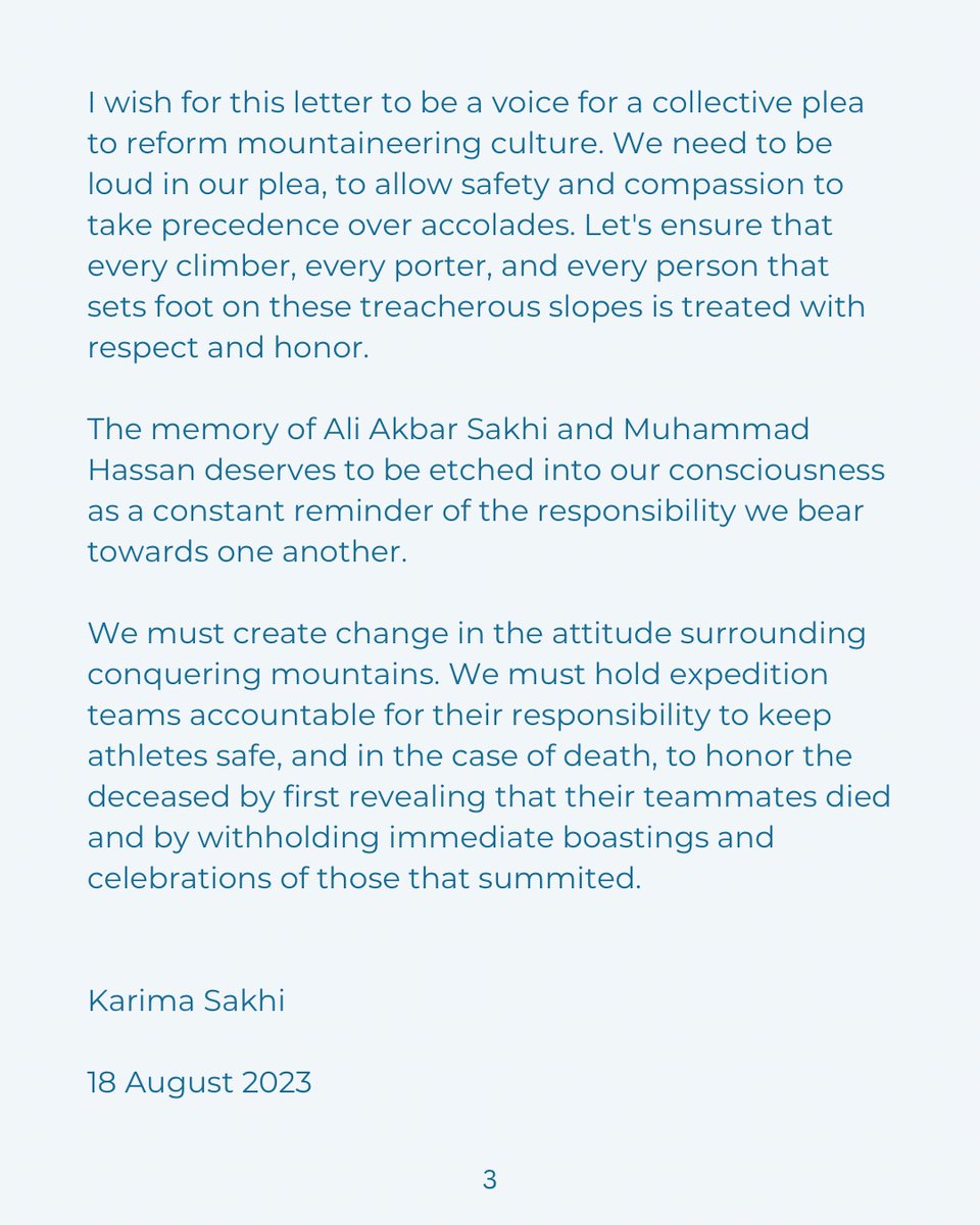 My husband and the father of my sons lost his life on K2 due to the negligence of the expedition company he was climbing with. I wrote this letter to share my pain and to urge for a change in the sport of mountaineering.
@bbc_haveyoursay
@adamparkersky
@andreasmeldgaa2