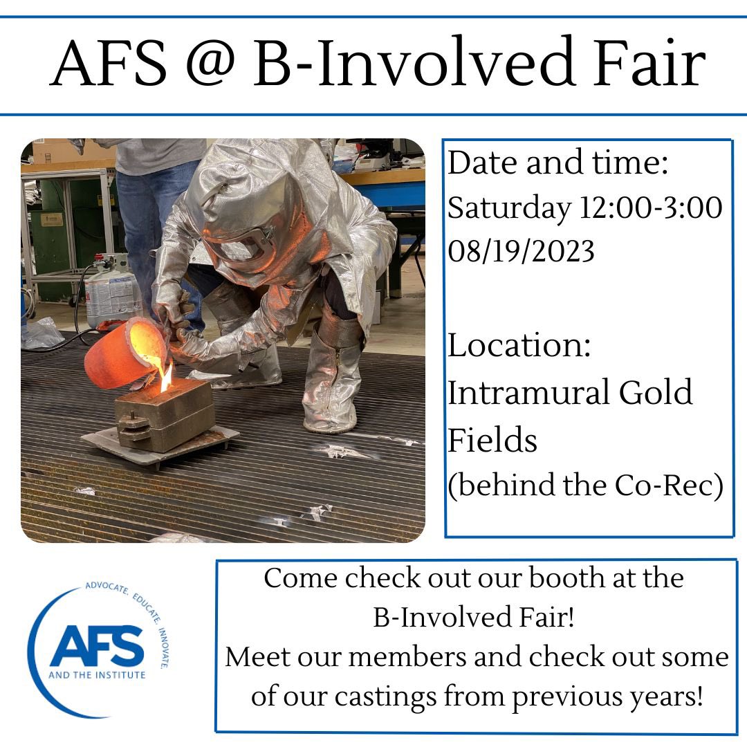 PurdueAFS's tweet image. We’ll be out with a table at this year’s #Purdue B-Involved fair.
We’ll have castings from previous years along with a chance to meet other club members!