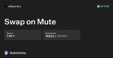 AirdropAlertAAD's tweet photo. 🐇 RabbitHole x ZkSync NFT Swap - Mute on zkSync Era

(🚀 Great opportunity for #zksync! 🪂 Airdrop)

🤔 What to do? Complete all tasks. ✅📝

1️⃣ Swap any amount seamlessly on Mute's zkSync Era. Get started now:
🔗 https://t.co/Yib8bWWQMP

2️⃣ Claim your exclusive NFT and level up your collection: 
🔗 https://t.co/l63X2CMZhF

Don't miss out on this epic opportunity!🌟

#NFTs #Crypto @rabbithole_gg @mute_io