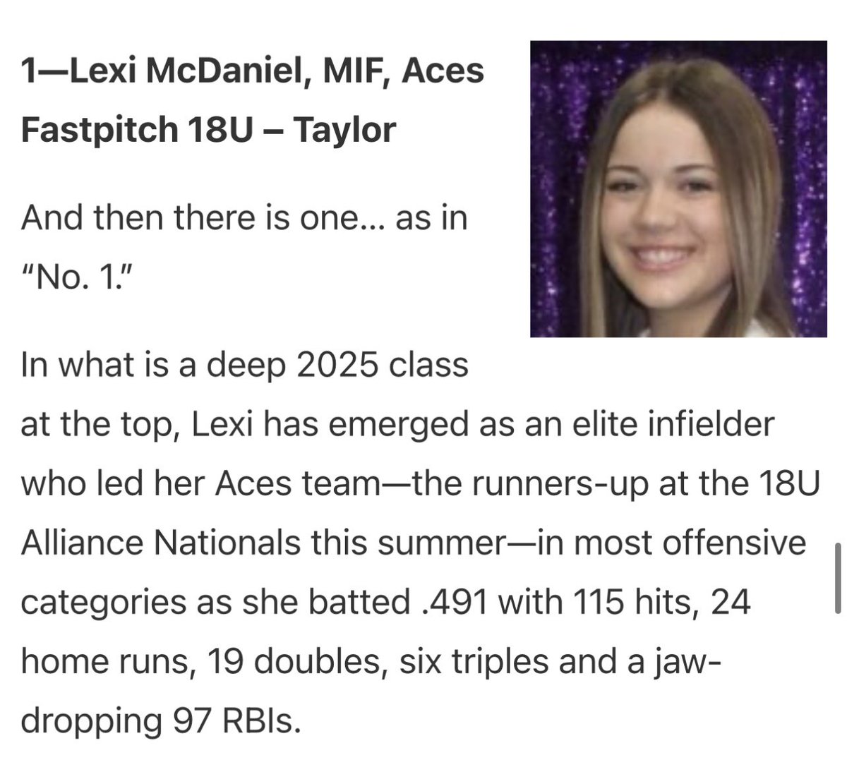 Lexi McDaniel (@leximcdaniel2) on Twitter photo What an honor to receive this ranking amongst such great athletes. It wouldn’t be possible without God, my parents, coaches, and teammates. So grateful!🤍 <a href="/rktaylor12/">RK Taylor</a> <a href="/STayTaylor18/">Taylor Taylor</a> <a href="/Aces_SoftballKC/">Aces Softball</a> <a href="/ExtraInningSB/">EXTRA INNING SOFTBALL</a> <a href="/BrenttEads/">Brentt Eads</a>
extrainningsoftball.com/the-final-coun… What an honor to receive this ranking amongst such great athletes. It wouldn’t be possible without God, my parents, coaches, and teammates. So grateful!🤍 <a href="/rktaylor12/">RK Taylor</a> <a href="/STayTaylor18/">Taylor Taylor</a> <a href="/Aces_SoftballKC/">Aces Softball</a> <a href="/ExtraInningSB/">EXTRA INNING SOFTBALL</a> <a href="/BrenttEads/">Brentt Eads</a>
extrainningsoftball.com/the-final-coun…