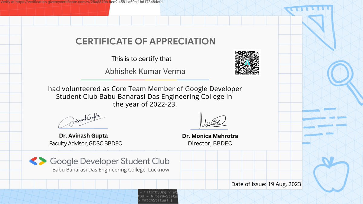 Abhishek34412's tweet image. Today I have received the certificate of Core Team Member of GDSC. 
By volunteering in GDSC I met with many people and learned many new things. 
#GDSC
#100DaysOfCode 
#GoogleDeveloperStudentClub
