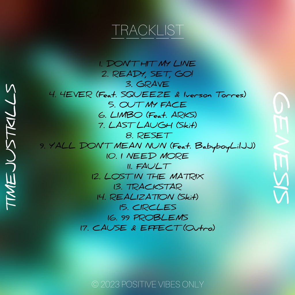 timejustkills's tweet photo. THE OFFICIAL ‘GENESIS’ TRACKLIST • COMING SOON (Feat. SQUEEZE, @_OfficialARKS, @IversonTorres6, &amp; Babyboyliljj) https://t.co/j1cRFhKuEh