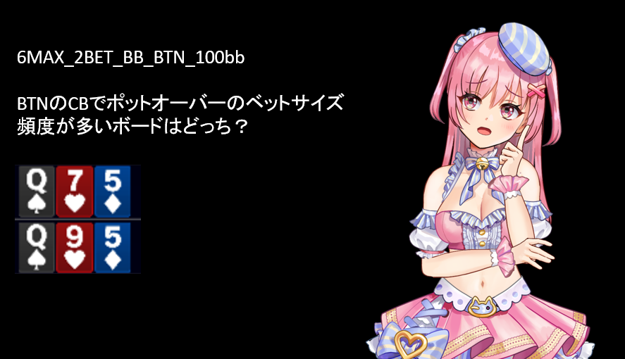 ぽっぽーお昼のポーカークイズだよ( ⑉¯ ꇴ ¯⑉ )

6MAX_2BET_BB_BTN_100bb

BTNのCBでポットオーバーのベットサイズ頻度が多いボードはどっち？
