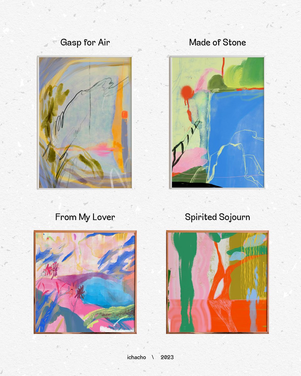 ichacho's tweet image. GM🌷🌷🌷🌷🌷
I'm proud of myself for stepping outside my comfort zone. 4 abstract paintings with 4 different stories. My personal favorite is "From My Lover" as I was blushing during the whole process😻

Should I mint these? (exclude the "Made of Stone", it's a commission one)
