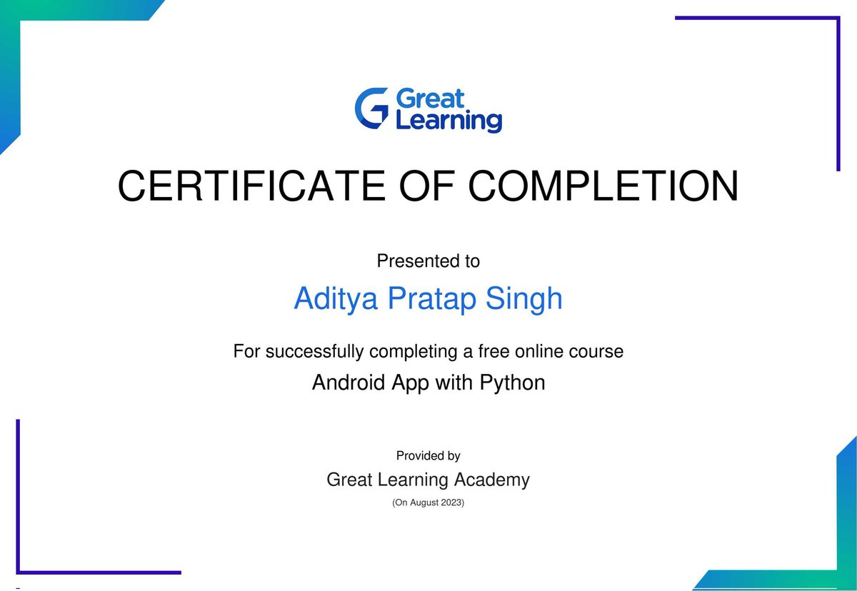 AdityaBlogger's tweet image. 📱🐍 Crafting code and conquering milestones – today's certificate is a testament to determination and learning. Excited to dive deeper into the world of Android with Python! 🚀🎉 thanks to @Great_Learning #NewCertificate #AndroidAppDev #PythonAdventures