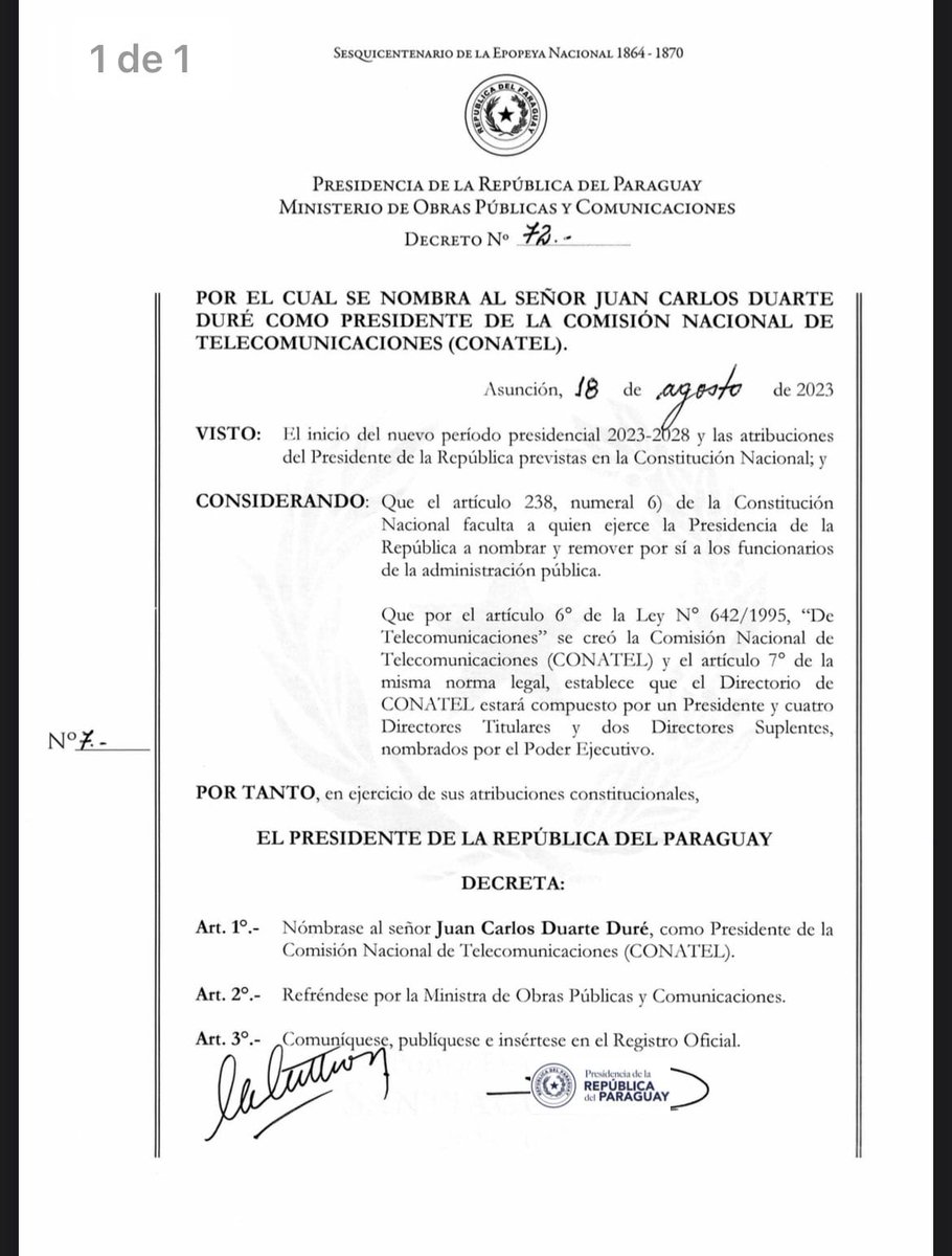 Me complace informar que he sido designado como Presidente de la Comisión Nacional de Telecomunicaciones (CONATEL), por el Excmo. Presidente de la República, Don <a href="/SantiPenap/">Santiago Peña</a>, a traves del Decreto N° 72 de fecha 18 de agosto de 2023.