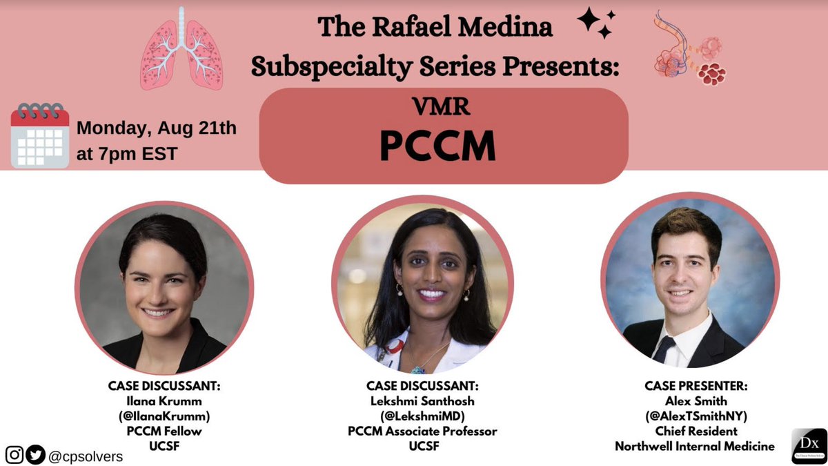 The Clinical Problem Solvers (@cpsolvers) on Twitter photo #MedTwitter Join us for our next Subspecialty Series LIVE on Monday, August 21 at 7pm EST for a Pulmonary and Critical Care case with <a href="/IlanaKrumm/">Ilana Krumm</a> @LekshmiMD and <a href="/AlexTSmithNY/">Alex Smith</a>!
This one will be sure to *take your breath away*
We hope to see you there: bit.ly/31LWIKg #MedTwitter Join us for our next Subspecialty Series LIVE on Monday, August 21 at 7pm EST for a Pulmonary and Critical Care case with <a href="/IlanaKrumm/">Ilana Krumm</a> @LekshmiMD and <a href="/AlexTSmithNY/">Alex Smith</a>!
This one will be sure to *take your breath away*
We hope to see you there: bit.ly/31LWIKg