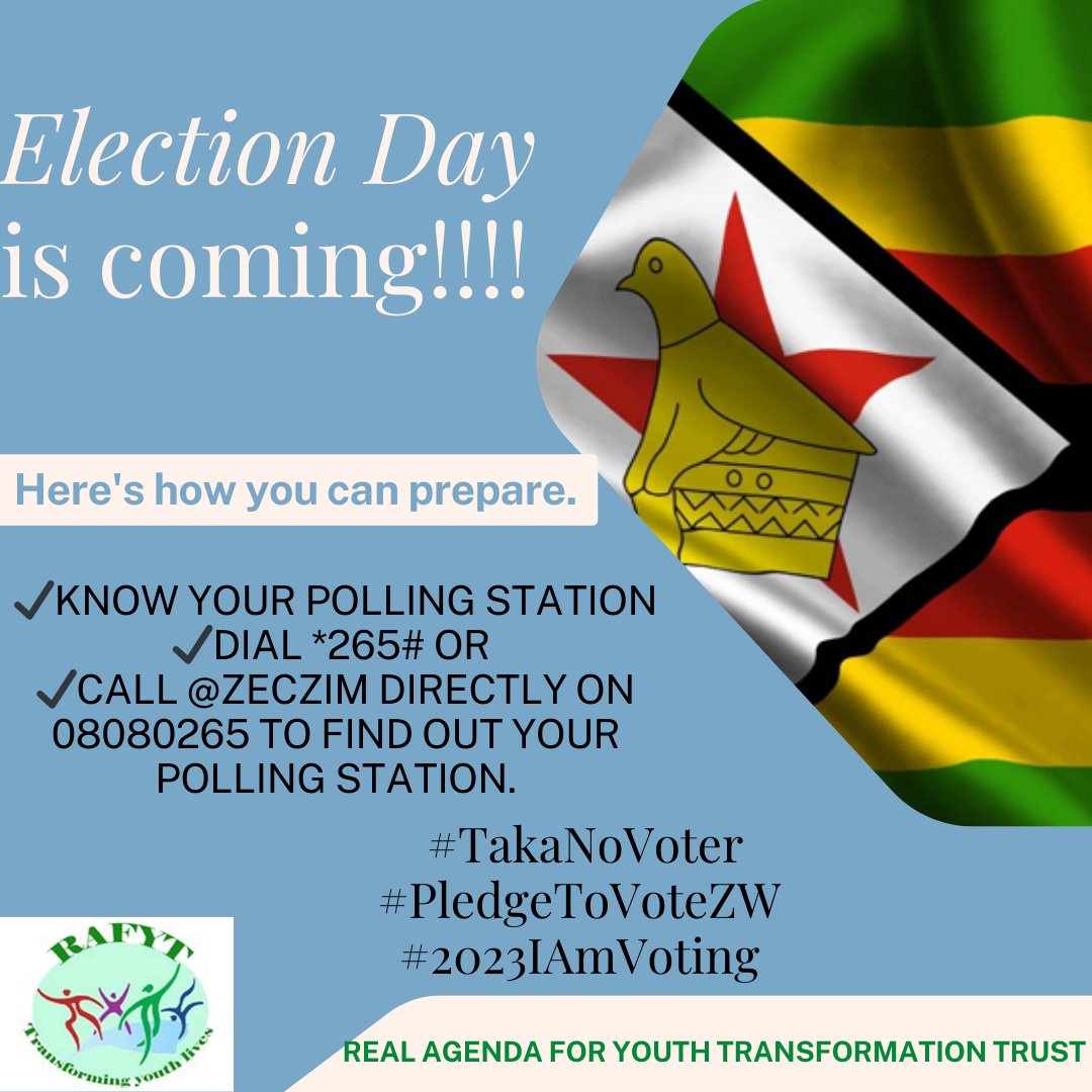 23 August is coming!!!

Here is how you can prepare.
1. Know Your Polling Station  Dial. *265# or
2. Call <a href="/ZECzim/">Zimbabwe Electoral Commission</a> on 08080265

#TakaNoVoter 
#PledgeToVoteZW 
#2023IAmVoting 
<a href="/ZESN1/">ZESN</a> <a href="/ercafrica/">ERC Africa</a> <a href="/euinzim/">EU Delegation to Zimbabwe 🇪🇺</a> <a href="/YetTrust/">#Youth4SDGs</a>