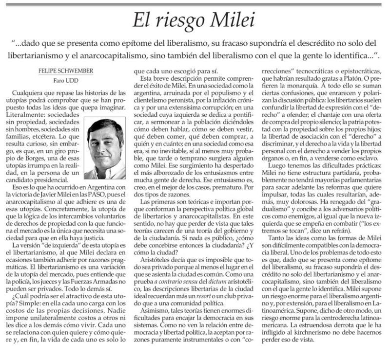 PabloAguayoW's tweet photo. Háganse el favor de leer a Felipe, es de los que más sabe sobre estas cosas. 

“Tanto las ideas como las formas de Milei son difícilmente compatibles con la democracia liberal” https://t.co/dr2ICTZzxB