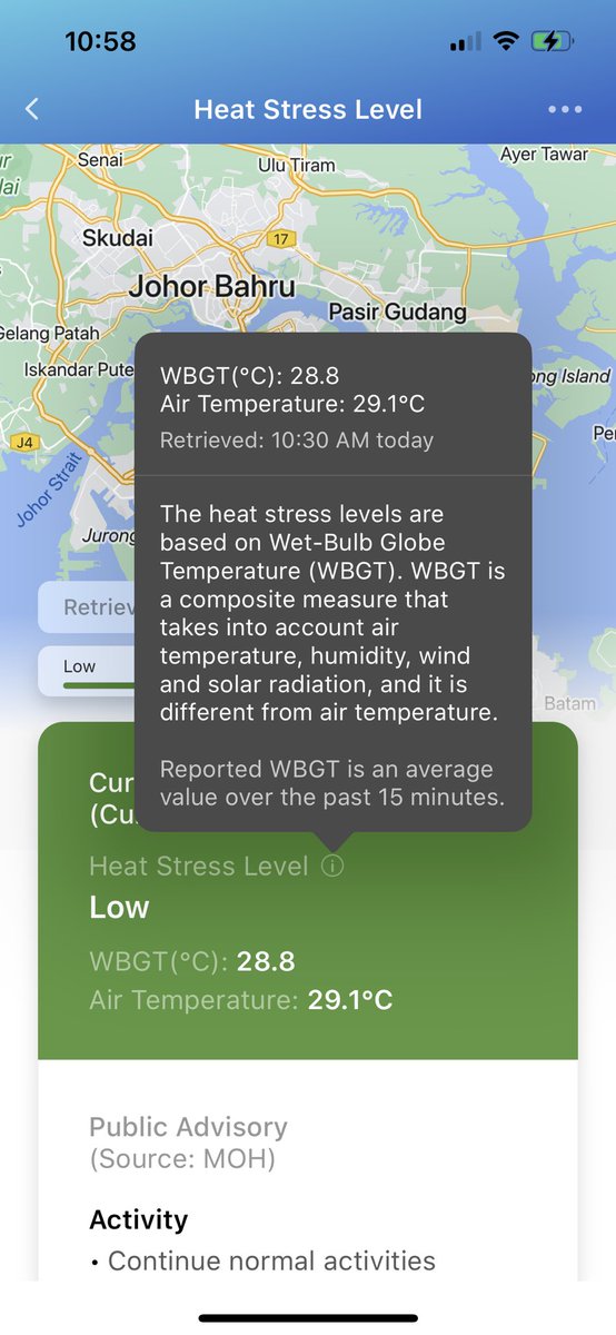 Interesting update to the <a href="/SgGoverment/">Singapore Government</a> weather app: wet bulb temperature now added. Quite looking forward to seeing how useful it is for timing runs! Not looking forward to the #ClimateCrisis #climatechange it reflects