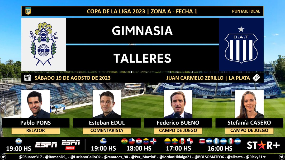 ⚽ #CopaDeLaLiga 🇦🇷 | #Gimnasia vs. #Talleres 🎙 Relator: Pablo Pons (@pablobari) 🎙 Comentarista: @estebanedul 🎙 Campo de juego: @FedeBueno73 y @stefaniacasero 📺 ESPN // ESPN Premium 🇦🇷 💻📱 @StarPlusLA LatAm (❌🇦🇷) 🤳 #ESPNPremium - #ESPNenStarPlus - #PackFútbol Dale RT 🔃
