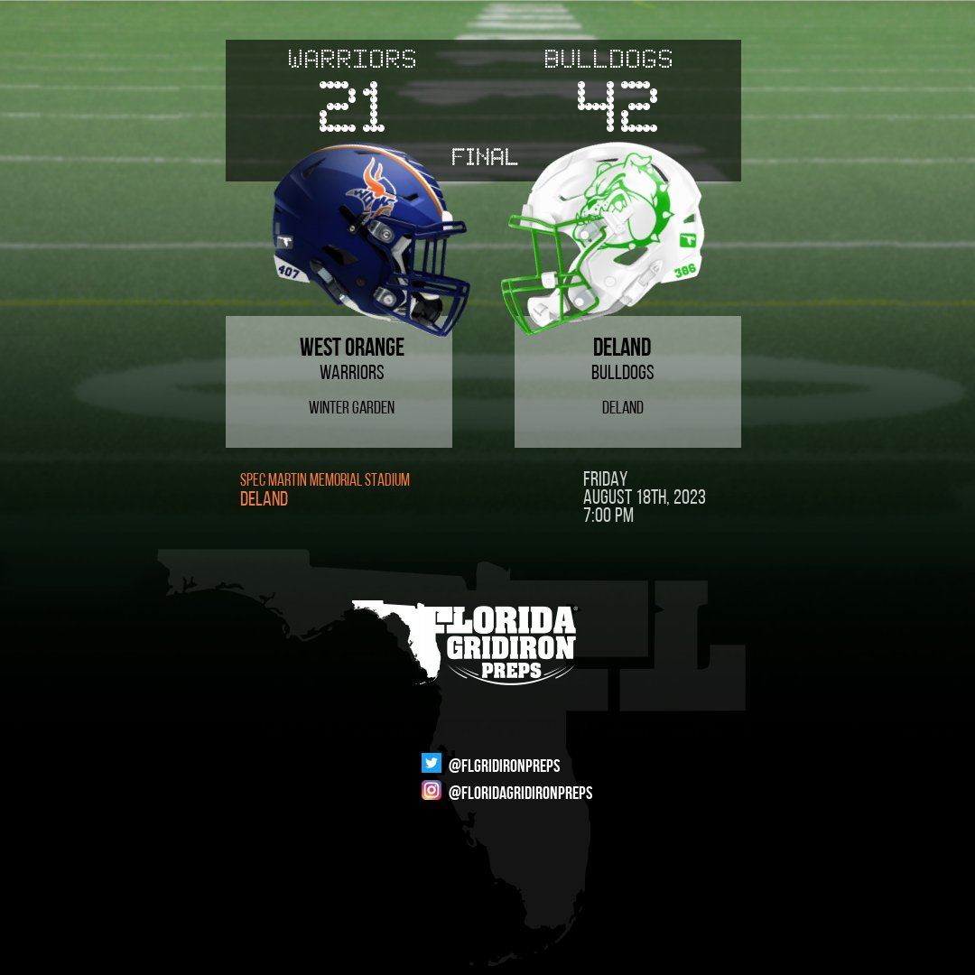 DARLINGTON'S DELAND 'DOGS DOUBLE UP

DeLand Bulldogs 42
West Orange Warriors 21
F

DELAND: @javonMross 4TD

floridagridironpreps.com/game/42055
#FLgridiron #KickoffClassic via @CenFLAPreps

#HokaHey @DeLand_FB @DeLandAthletics
@darlington_rick @TjMooreprocess5 
@WOrangeFB @Westorange_ocps