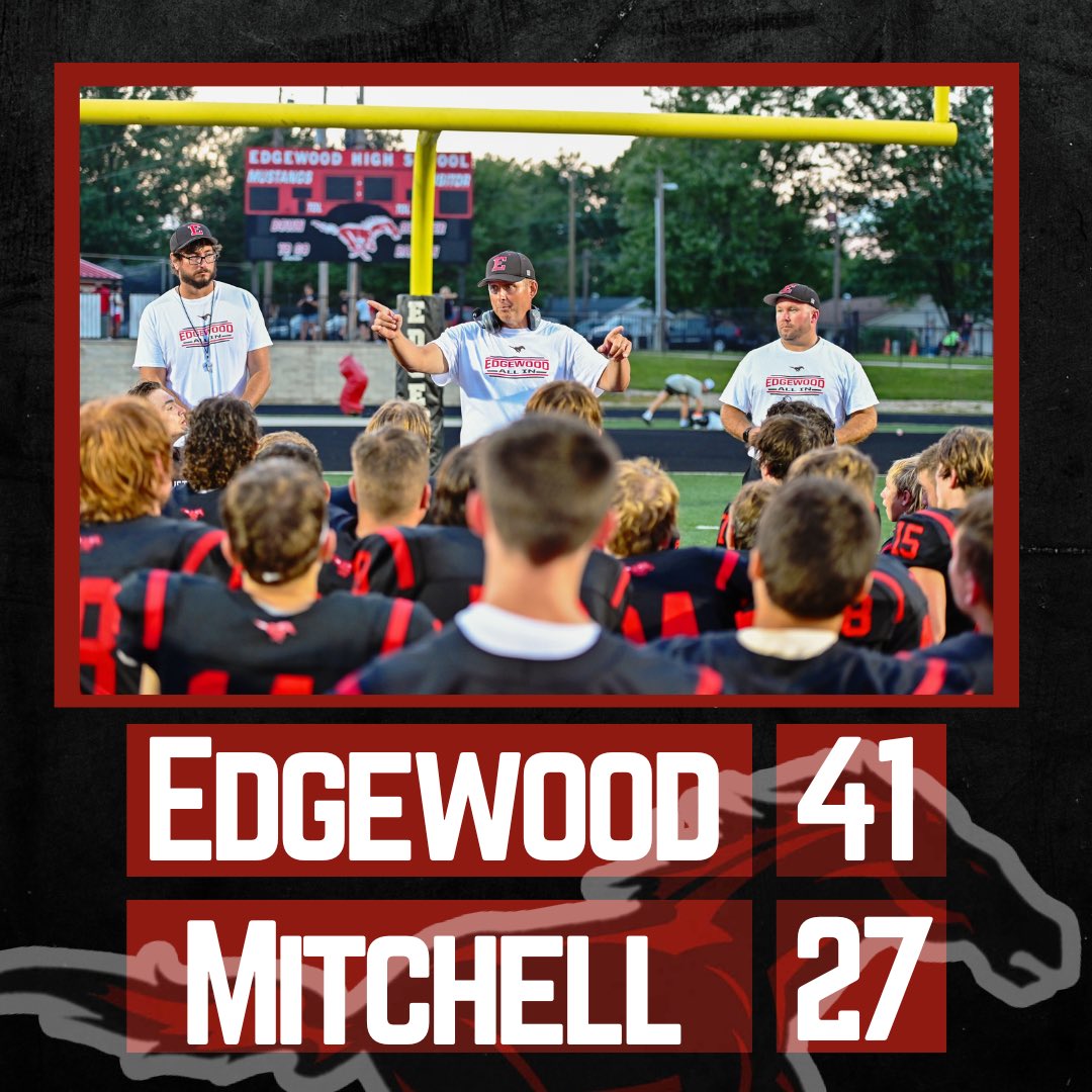 Edgewood_Stangs's tweet photo. 1️⃣➖0️⃣
Mustangs take down Mitchell 41-27 behind three touchdowns from Gabe Drew and two more from Grant Coffey. 

Great crowd for youth night! 

On the road next week to take on the Washington Hatchets! https://t.co/u44x4zUP7E