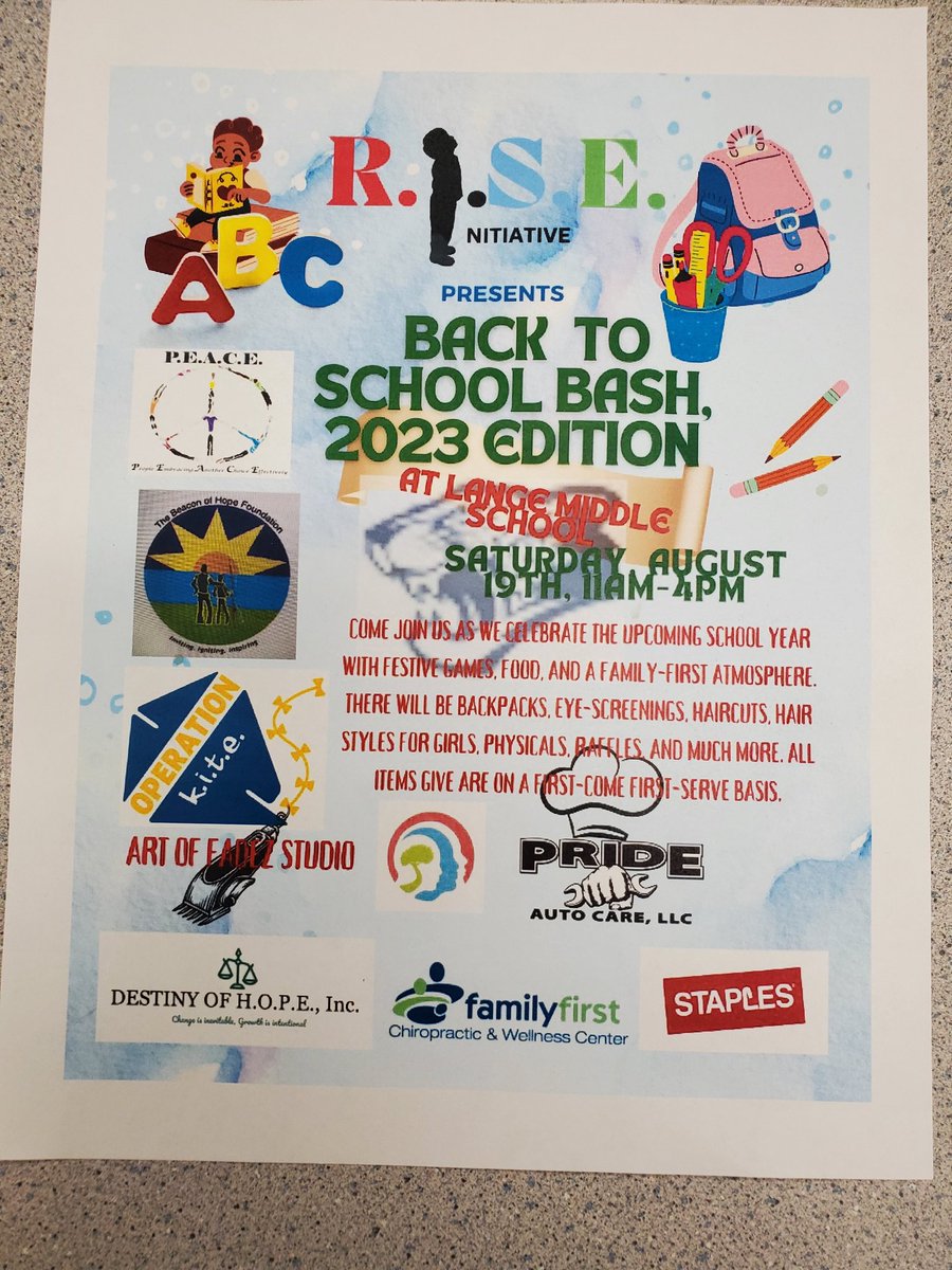 LMSAthletics_'s tweet photo. R.I.S.E Initiative &amp; Lange Middle School Present Back to school Bash 2023 Saturday August 19th  from 11 - 4. Free Sports Physicals, Eye Screenings, Backpacks, School Supplies, Shoes, Hair Cuts, Hair Styles, Food, &amp; games. First come, First Serve.
#LMSBest #LMSLeopards #WackyTeach https://t.co/b2u1lvJ7SI