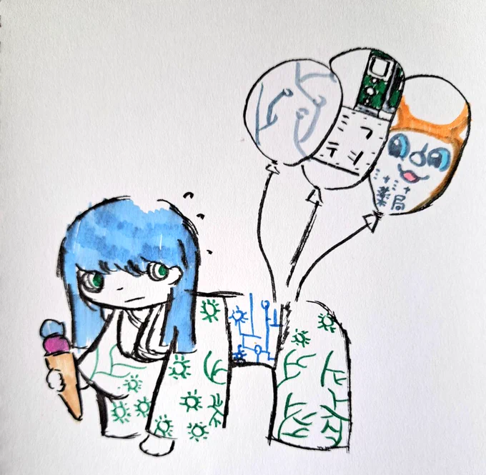 だれ?風船つけたの?※ミナミナ薬局のキャラクターはさとちゃんを参考にしました。#イラスト 