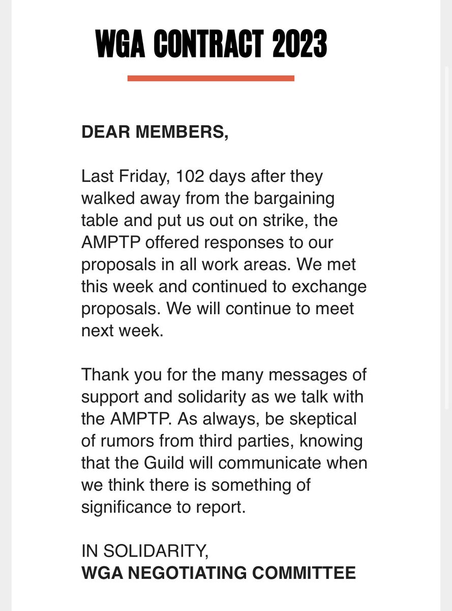 Then: “Rejected our proposals, refused to counter.” Now: “Last Friday, 102 days after they walked away from the bargaining table and put us out on strike, the AMPTP offered responses to our proposals in all work areas.” Solidarity works. #WGAStrong