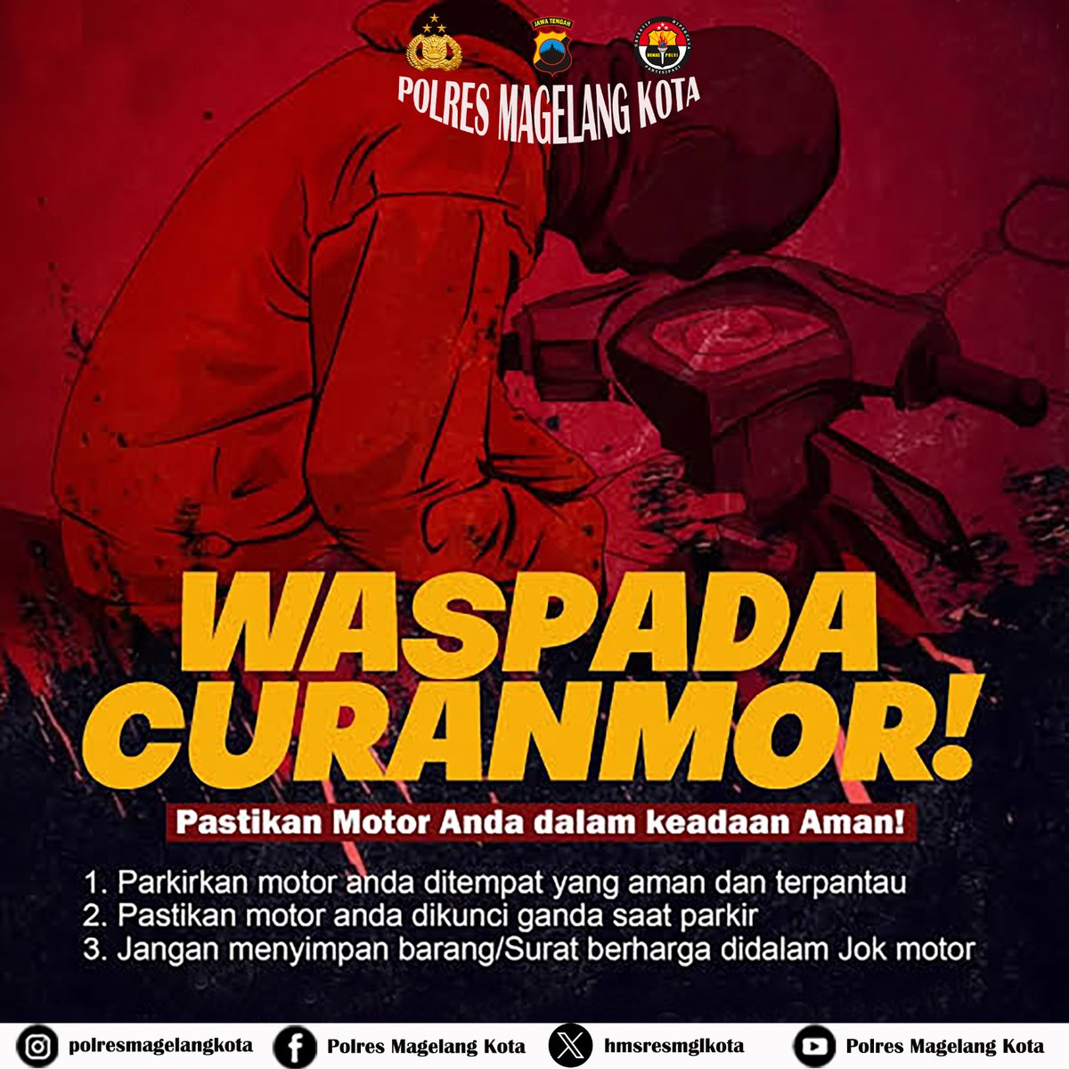 hmsresmglkota's tweet photo. Berikut tips aman menghindari pencurian kendaraan :
1. Parkirlah di tempat aman dan mudah terpantau oleh anda
2. Selalu gunakan kunci ganda saat memarkirkan kendaraan anda
3. Hindari menaruh barang berharga di tempat penyimpaan kendaraan anda
#tipsaman
#gunakankunciganda https://t.co/fPwZSBVwvk